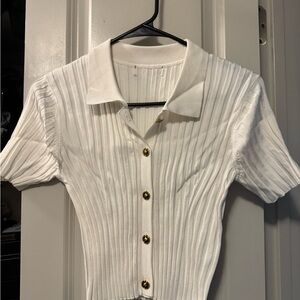 White Ribbed Button-Up Women's Top